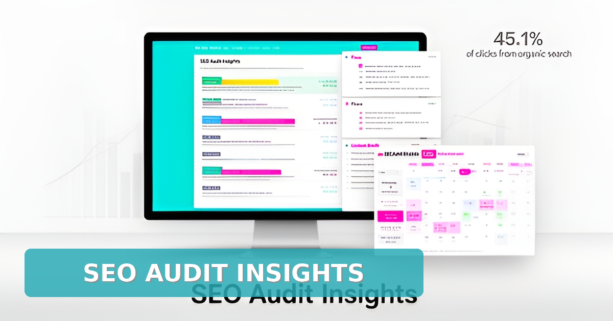 A modern illustration of a marketing stack with a computer screen displaying an SEO audit report and a prioritized list of fixes and tasks.